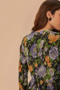 FARM Rio Robes Midi<Robe mi-longue fleurie noire à manches longues Capri