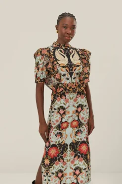 FARM Rio Robes Midi<Robe mi-longue fluide à manches courtes bleue