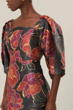 FARM Rio Robes Midi<Robe mi-longue noire brillante à manches courtes Chita