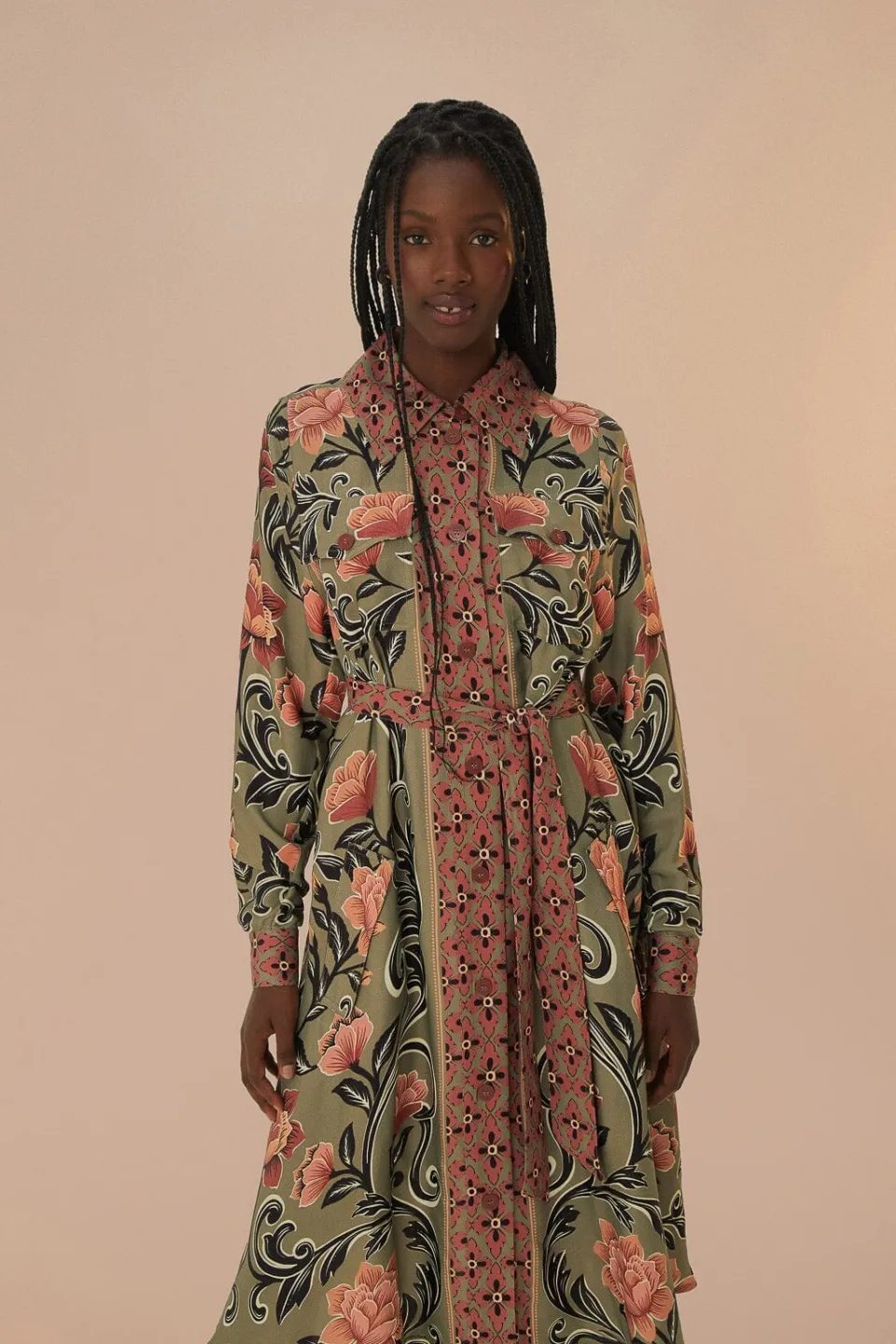 FARM Rio Robes Midi<Robe mi-longue verte à imprimé floral arabesque