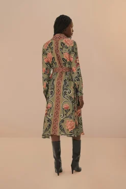 FARM Rio Robes Midi<Robe mi-longue verte à imprimé floral arabesque