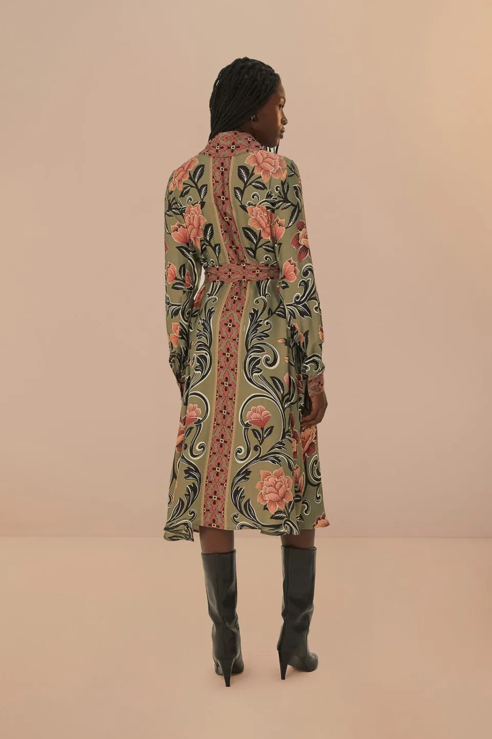 FARM Rio Robes Midi<Robe mi-longue verte à imprimé floral arabesque