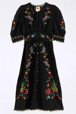 FARM Rio Robes Longues<Robe noire à col en V | Détails du point de croix