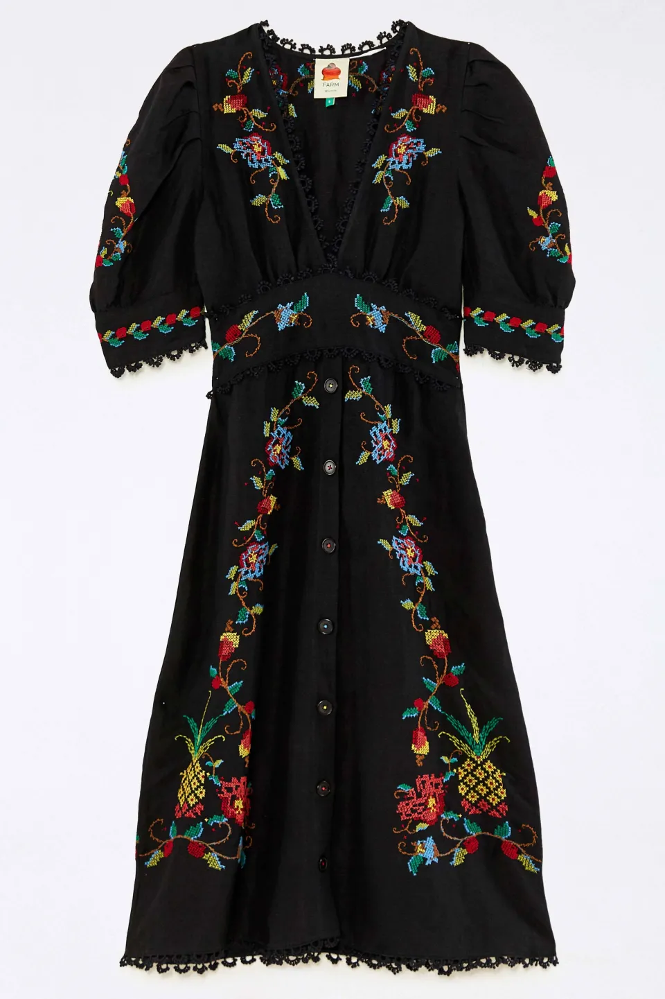FARM Rio Robes Longues<Robe noire à col en V | Détails du point de croix