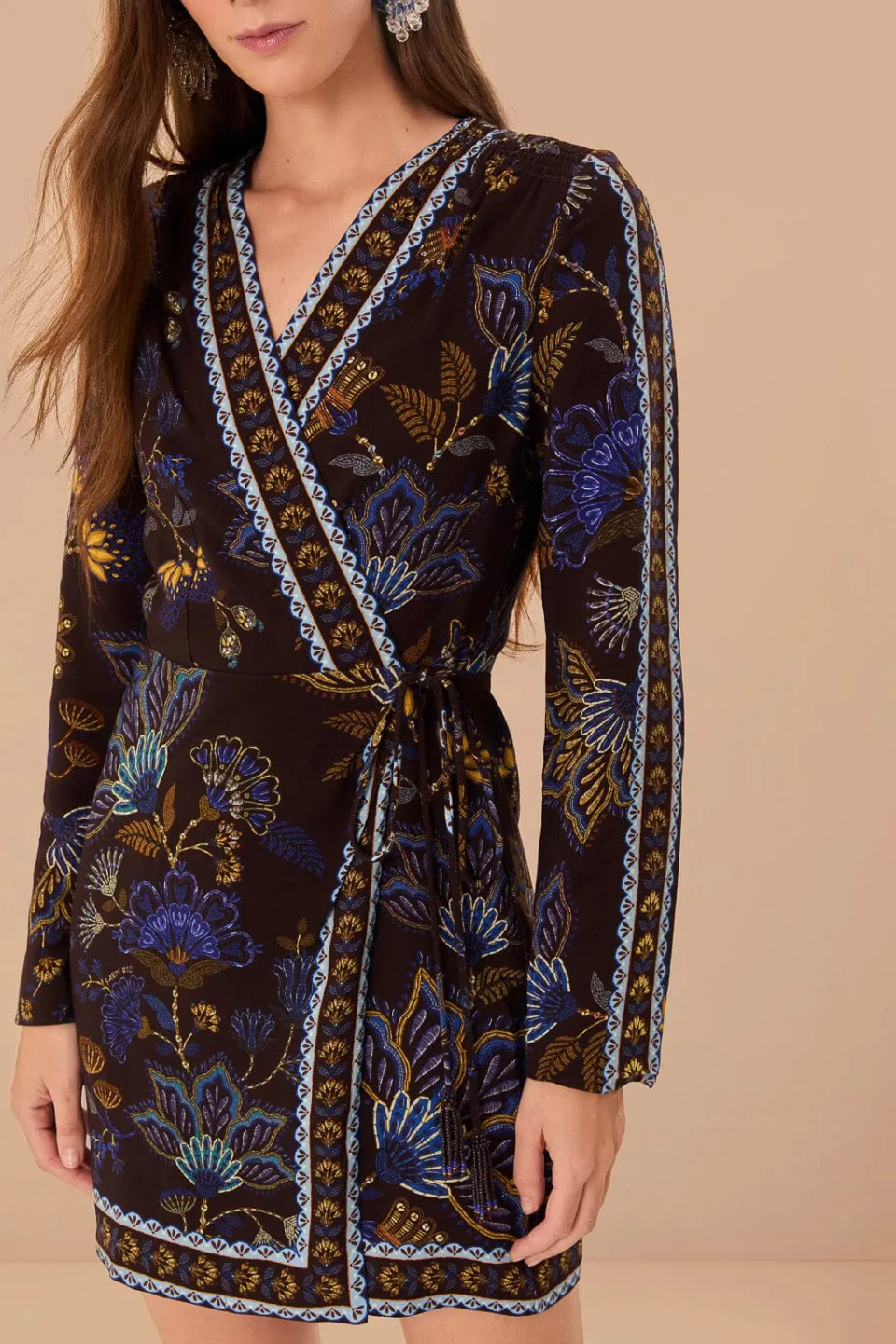 FARM Rio Robes Courtes<Robe portefeuille courte en viscose LENZING™ ECOVERO™ brodée marron