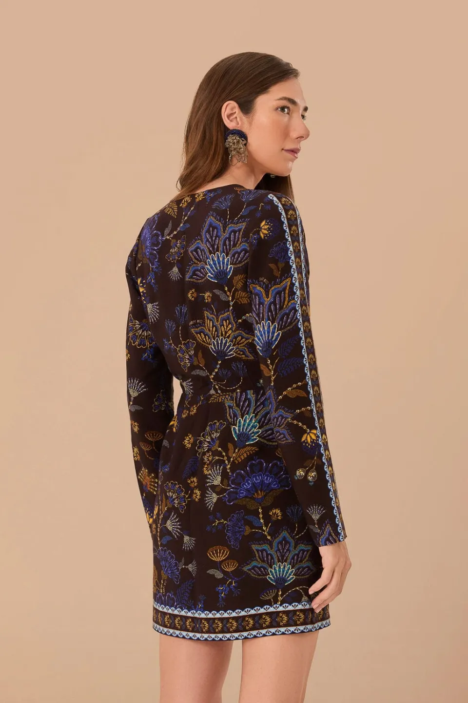 FARM Rio Robes Courtes<Robe portefeuille courte en viscose LENZING™ ECOVERO™ brodée marron