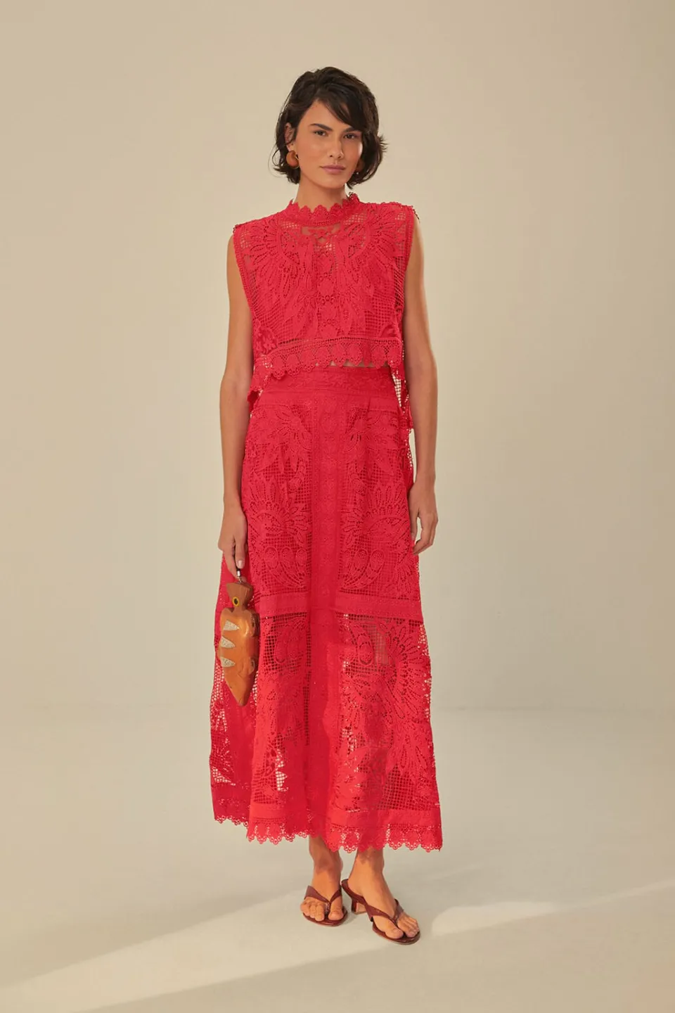 FARM Rio Hauts Courts<Top Sans Manches Guipure Toucan Rouge