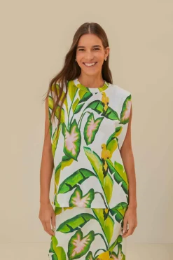 FARM Rio T-shirts<T-shirt blanc cassé à feuillage d'été
